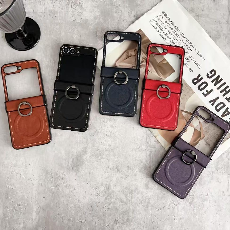Vintage Leather Lichee Pattern Cases for Samsung Galax Z Flip 7 6 5 4 3 Magnetic Hinge Stand Shockproof Business Mobile Cover