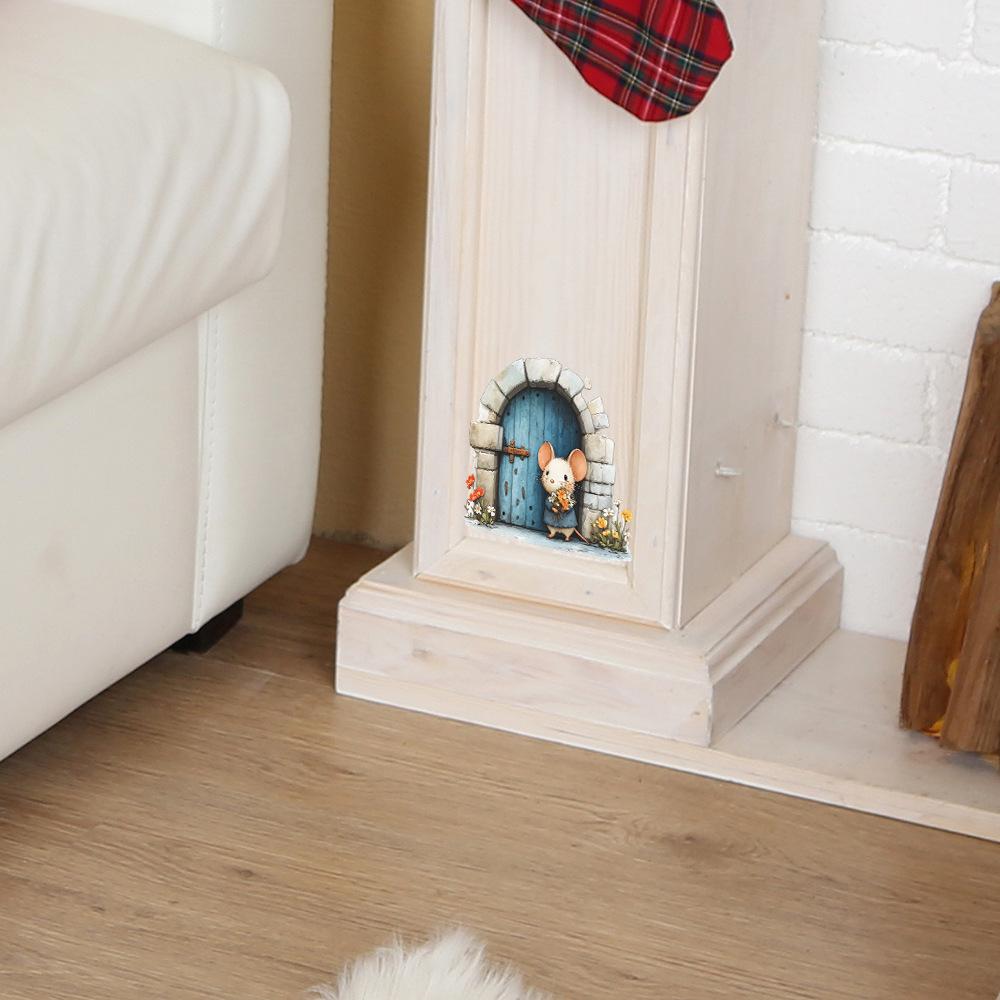 Cartoon Mouse Holding Flowers at Mouse Hole DIY Removable Wall Sticker for Bedroom Living Room Home Decor