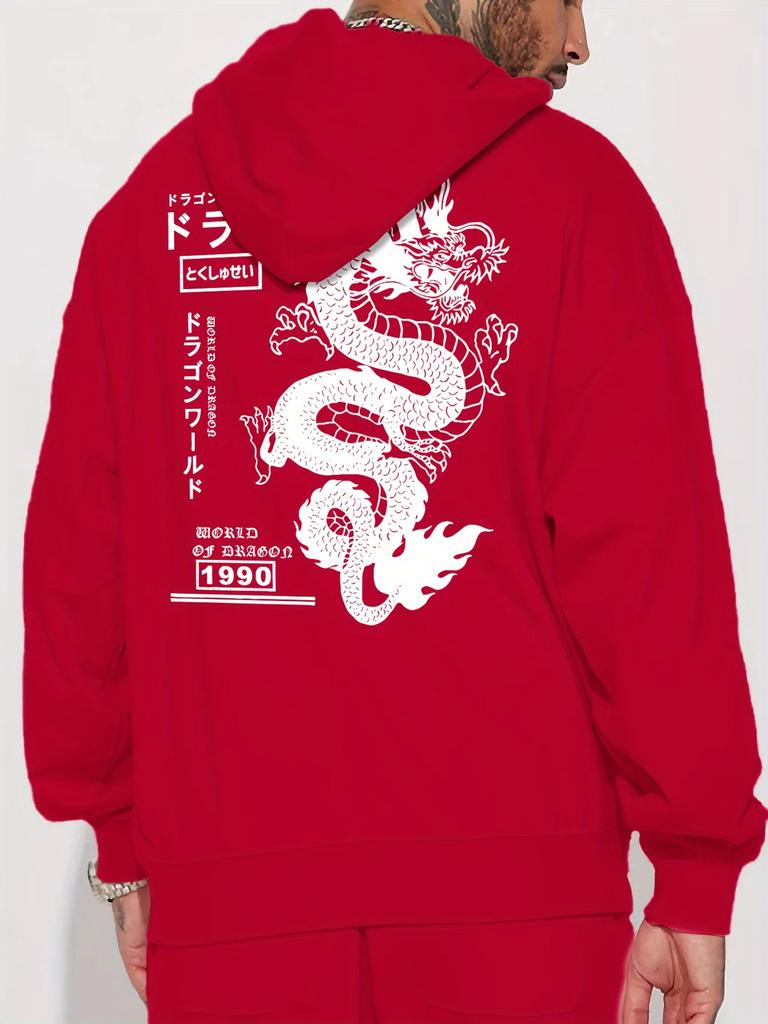 Men's Geometric Dragon Pattern Plush Hoodie Couple Casual Pullover Sweatshirt