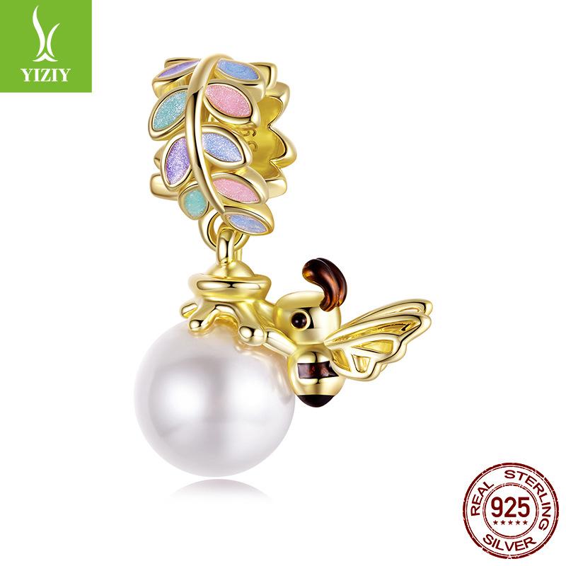 S925 Sterling Silver Plated K Gold Pearl Bee Pendant Small Fresh Insect Diy Bracelet Beaded