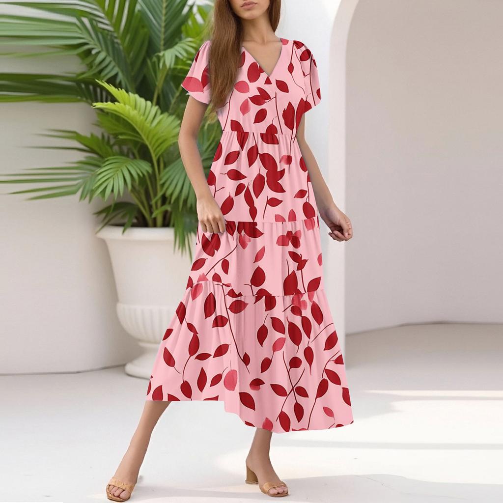 Damen Sommer Casual Mode V-Ausschnitt Rüschenärmel Blumendruck Midi-Kleid