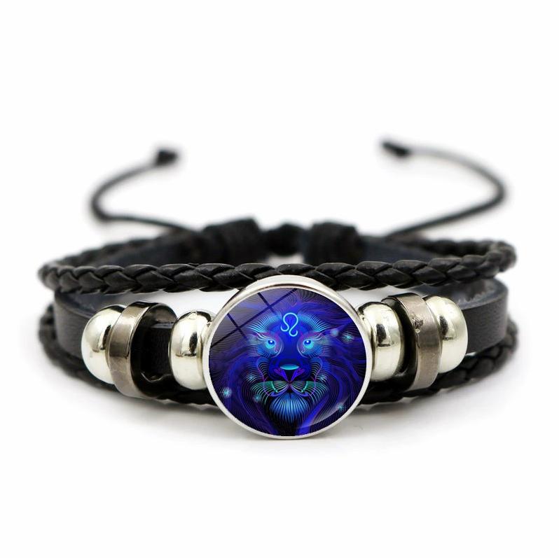 12 Sternbilder Sternzeichen Schwarzes geflochtenes Lederarmband Krebs Löwe Jungfrau Waage Gewebtes Glaskuppelschmuck Punk Herrenarmband