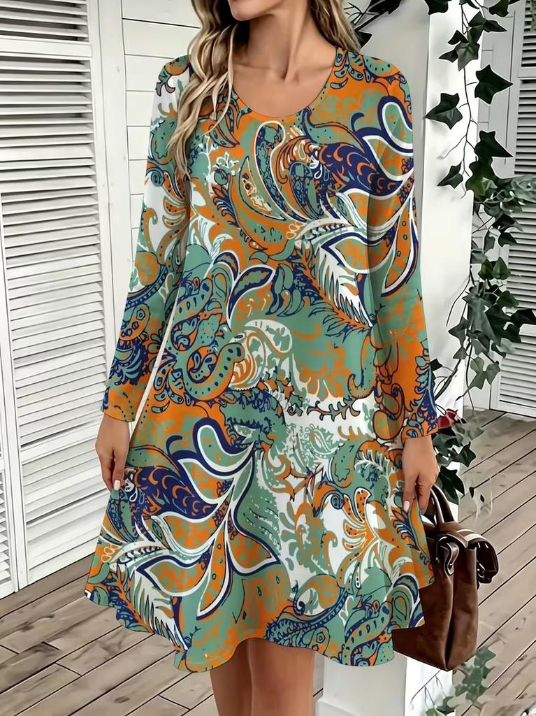 Spring Autumn Women Dress Casual Long Sleeve O-neck 3D Print Loose A-Line Dress Oversized Home Wear Robe