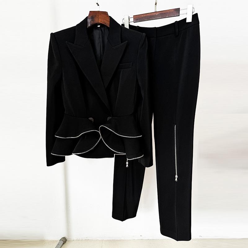

2026 High Street Zipper Ruffle Suit & Skinny Pants Set S чёрный