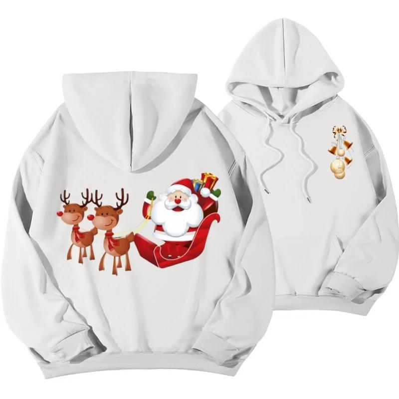 Cute Cartoon Flying Reindeer Santa Claus Graphic Unisex Hooded Sweatshirt, Loose-fit Winter Xmas Streetwear