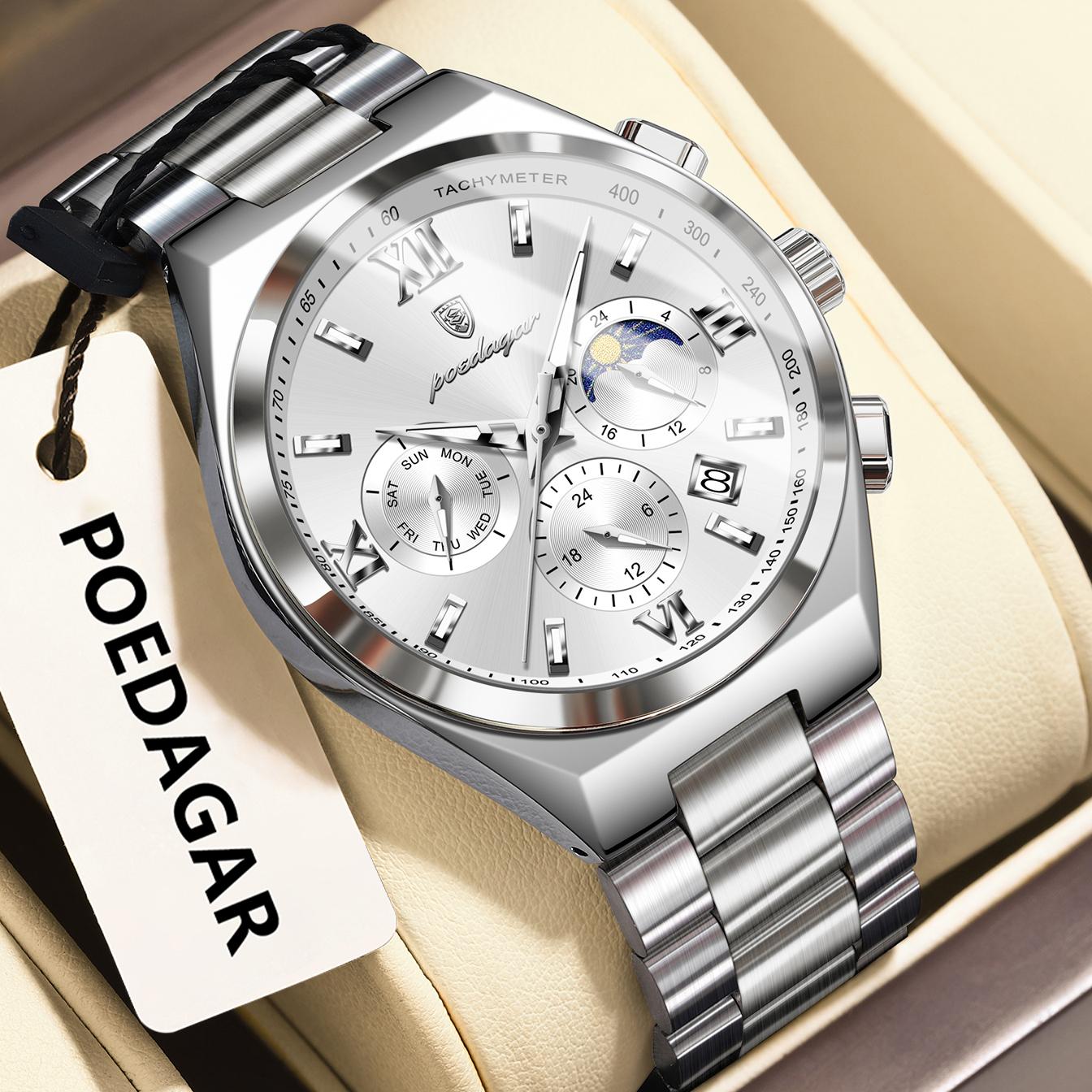 Chronograph Men s Watch Waterproof Luminous Quartz Reloj Stainless Steel Watch for Men 688 Sliver White S