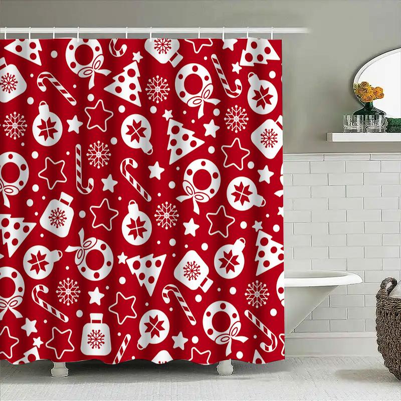 Red And White Christmas Shower Curtain Decorative Fabric Bath Room Waterproof Printing Washing Machine Washable Size