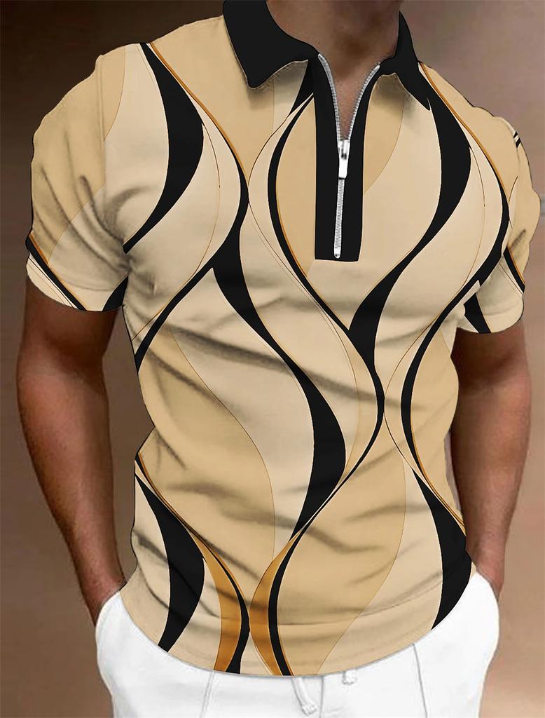 Men's Zipper Polo, Collar Polo Shirt, Golf Shirt, Graphic Print, Geometry, Linear Opening, Short Sleeve, Zipper Clothing Top