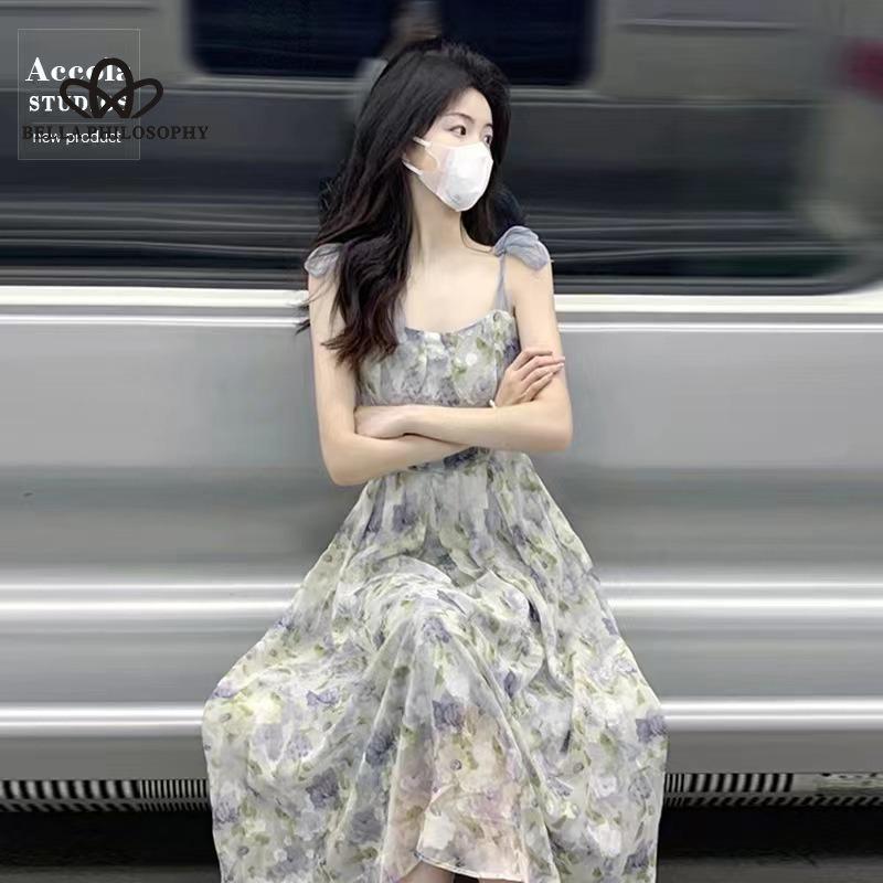 Halter Dress French Niche Oil Painting Style Fairy Super Fairy Mori Tea Break Waisted Skirt Floral Long Dress