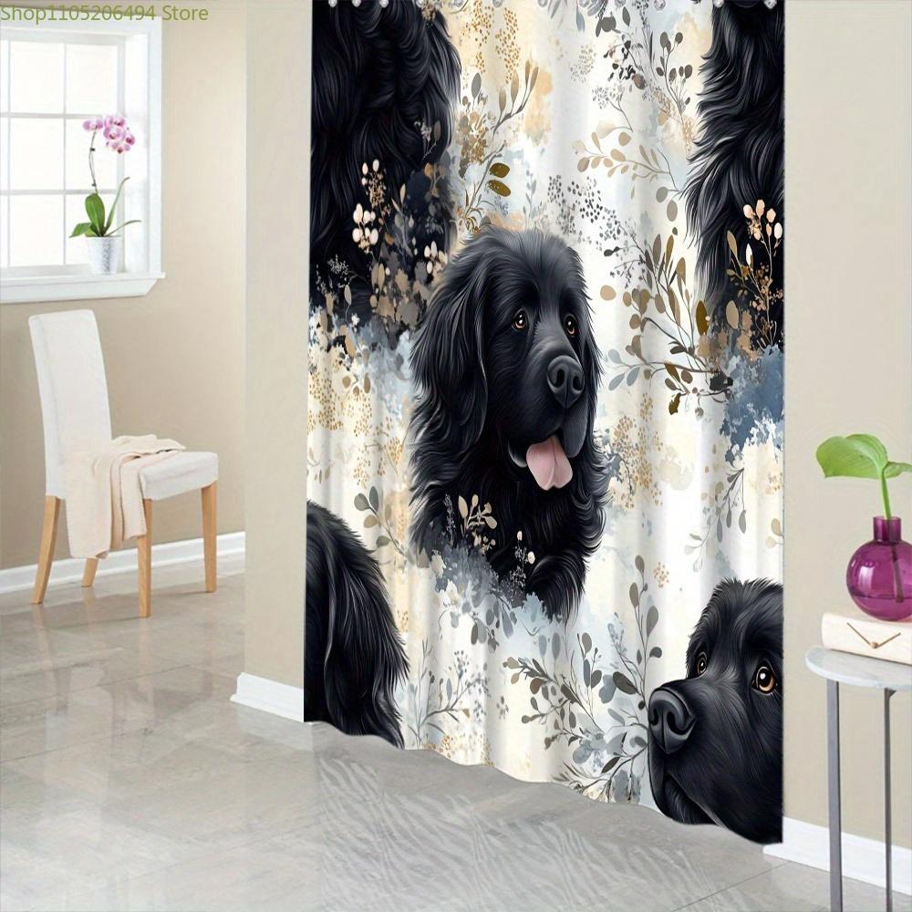 1pc Black Newfoundland Dogs with Floral Lace Shower Curtain - Elegant Muted Beige, Grey & White Floral Design, 179.83x179.83 c