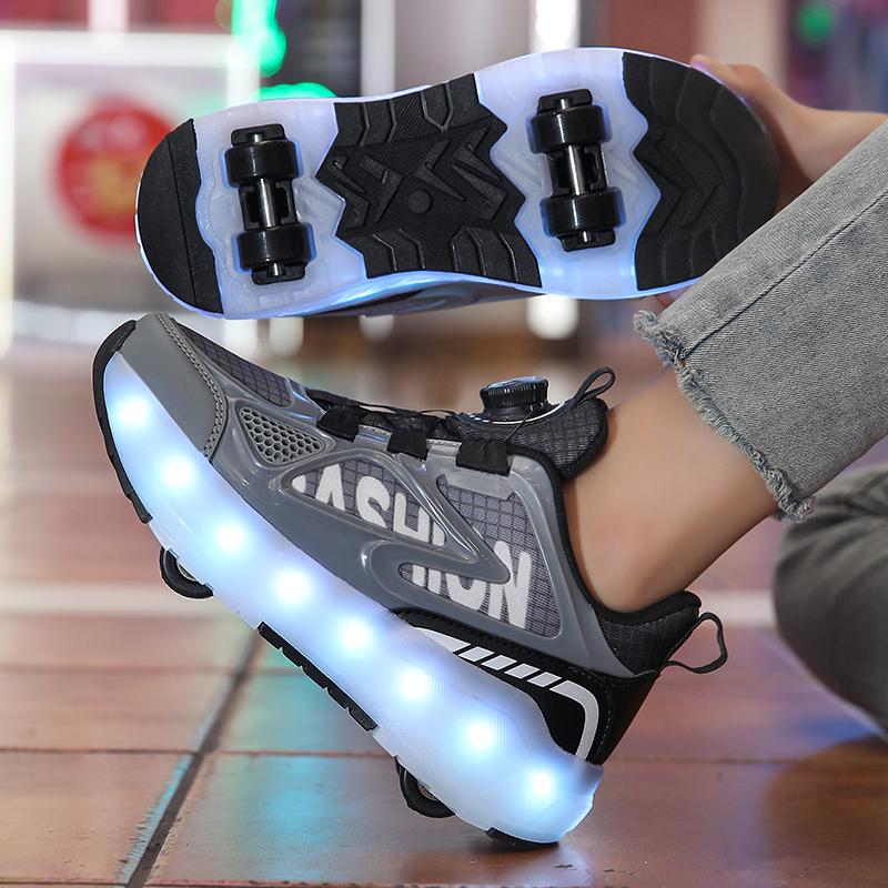 Letní Heelys Dívčí Síťované Prodyšné Kolečkové Brusle Studentky Čtyřkolečkové Dobíjecí LED Sportovní Brusle Chlapci Svítící Sportovní Boty