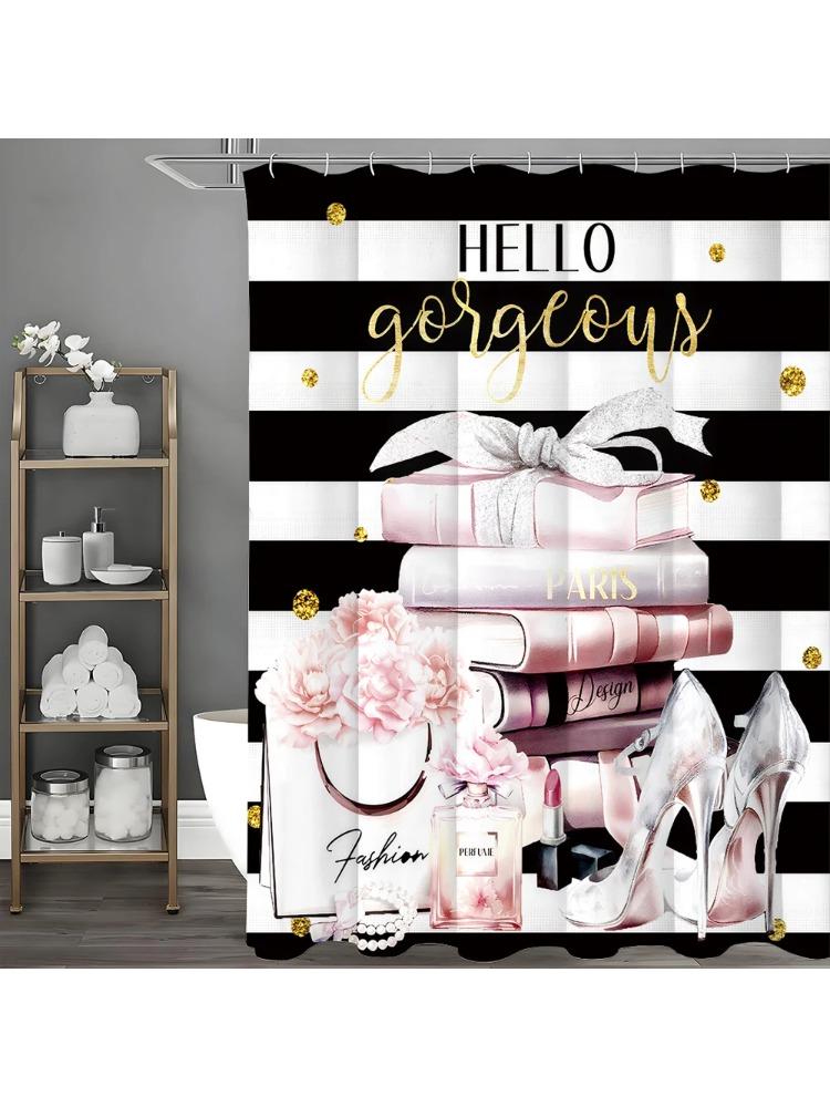 

Black And White Striped Books Carnation Heels Perfume Lipstick Shower Curtain, Bathroom Decorative Shower Curtain, Waterproof Sh W60H190(CM)-1 Pcs