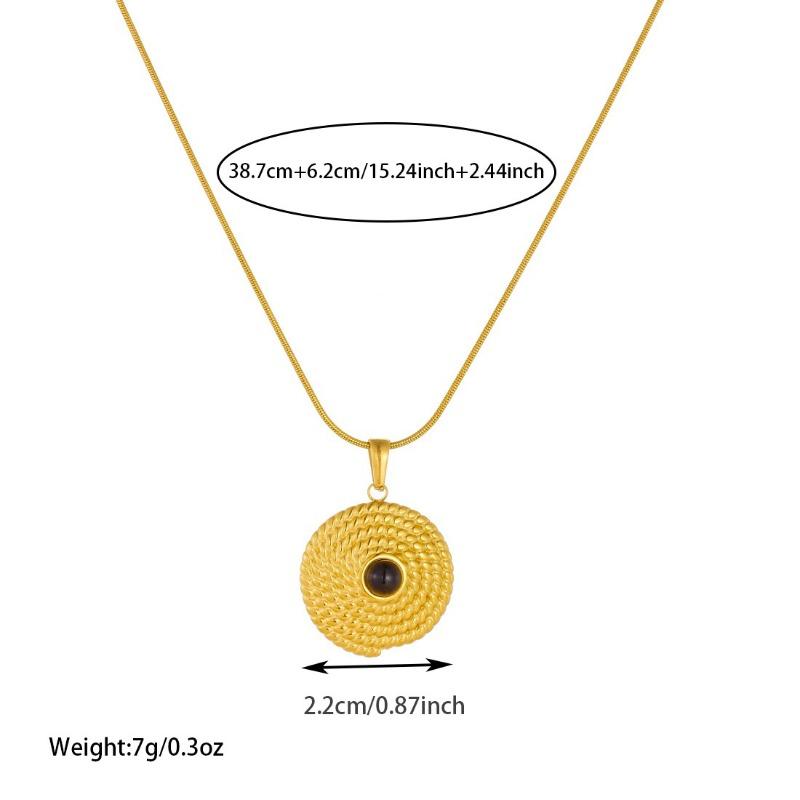 Gold Plated Stainless Steel Textured Disc Tiger Eye Pendant Necklace for Women