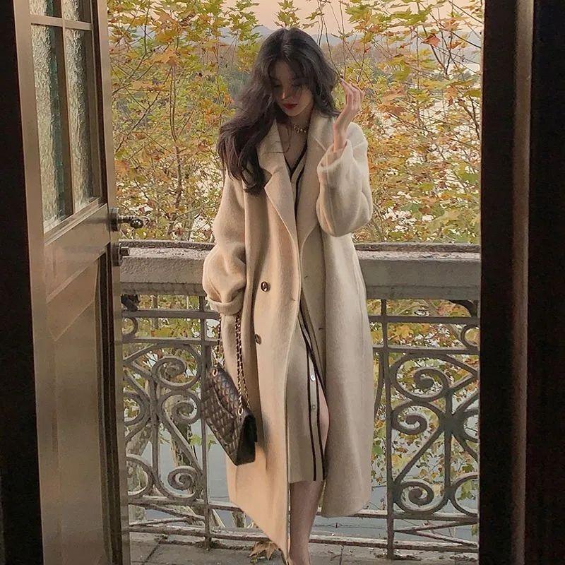 High-End Thickened Mid-Length Woolen Outer Wear for Women Autumn Winter Over-the-Knee Trench Coat Woolen Coat