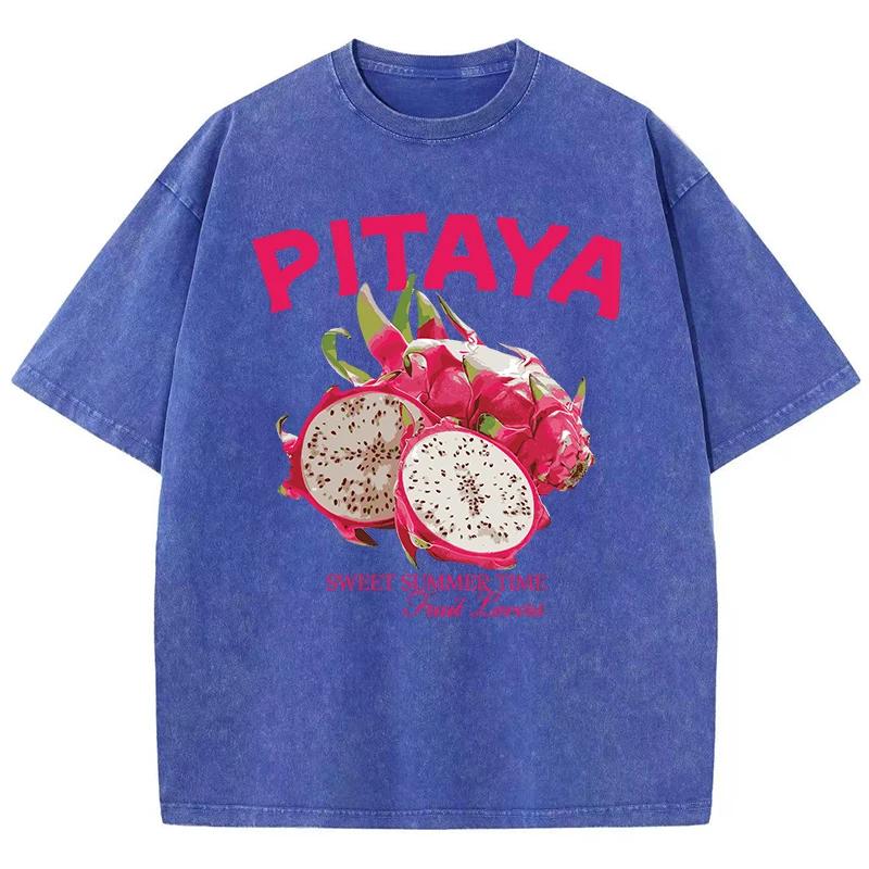 Vintage Woman Washed T-Shirts Fresh Pitaya Printing Tees Crewneck Distressed Cotton Oversize Short Sleeve Fashion Clothes