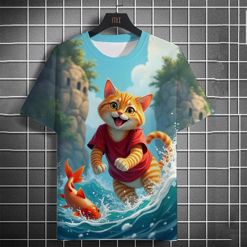 Men's T-shirt 3D Printed Funny Beach Catching Fish Kitten Printed Short Sleeve T-shirt Daily Casual Round Neck T-shirt Polyester