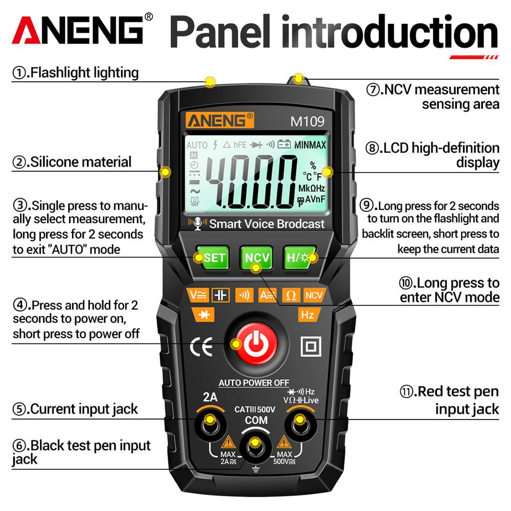 ANENG M109 Smart Multimeter Tester AC/DC Voltage Voice Broadcast Meter NCV Capacitance Continuity Professional Electrical Tools with Digital Display
