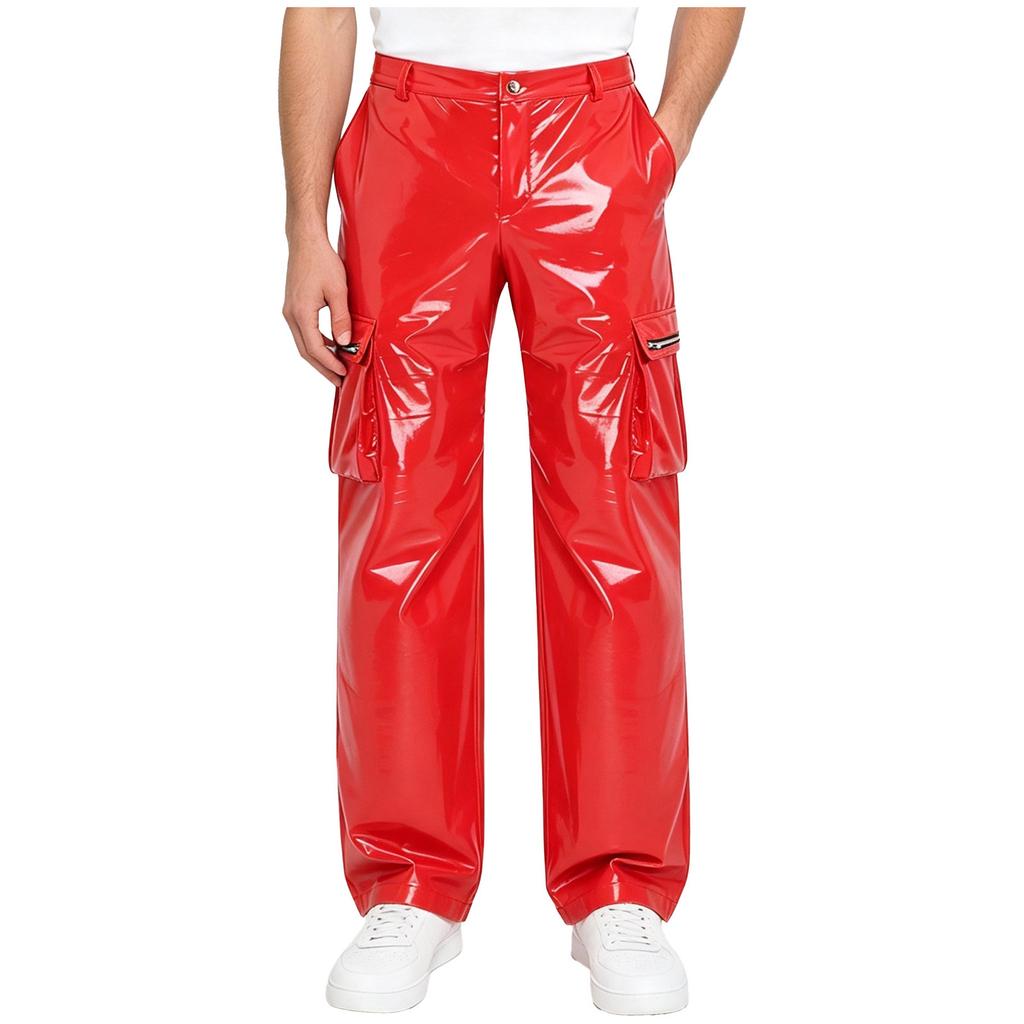 Mens Glossy PU Leather Cargo Pants Multi Pocket Straight Leg Punk Trousers Y2k Streetwear
