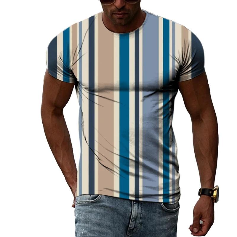 Fashionable New Vertical Stripe Pattern Men's T-shirt Casual Personality Cool Printed Short Sleeved Minimalist O-neck Top