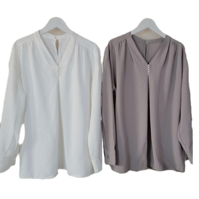 Export Export Original Order Leftover Stock V Neck Pearl Buckle Pullover Long Sleeves Shirt Women's Chiffon Professional Commute Bottoming Shirt