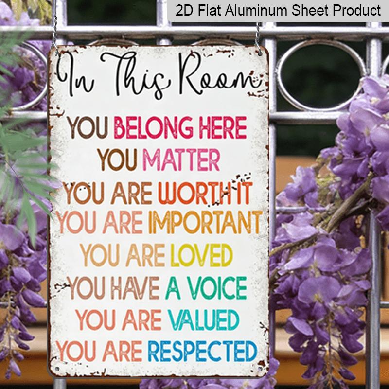 2D Flat Inspirational Rainbow Metal Sign "You Belong Here" - Vintage-Style 12X8 Inch Multicolor Aluminium Wall Art Featuring Positive Affirmations