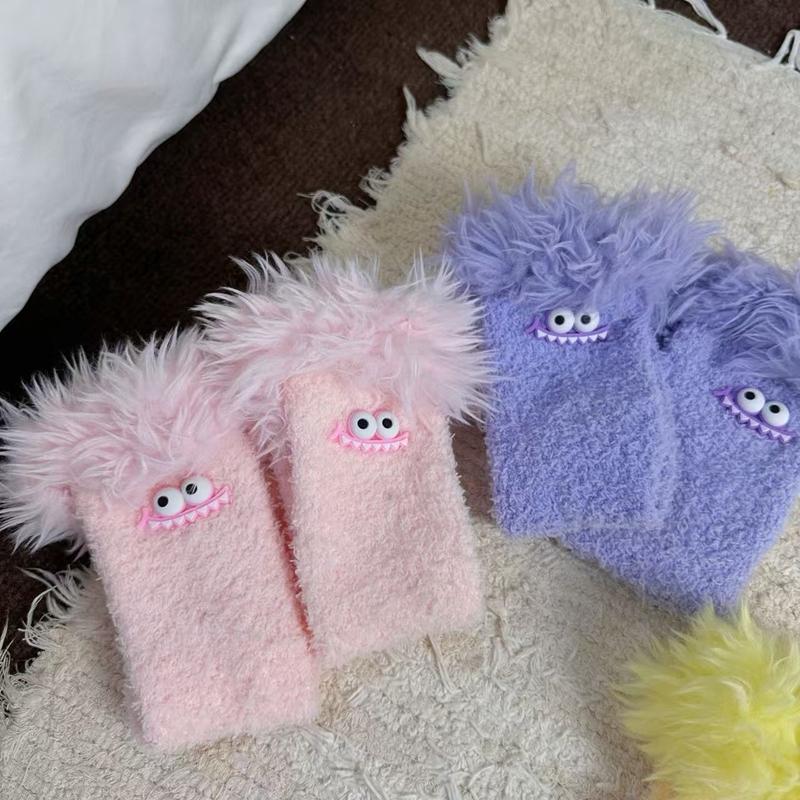 Women Girls Winter Thick Coral Fleece Cartoon Big Mouth Monster Plush Sleep Socks Warm Soft Home Socks