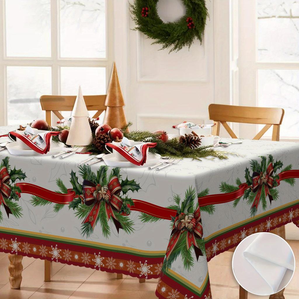 Christmas Poinsettia Golden Ribbon Tablecloth for Table Decor Winter Holiday Kitchen Dining Table Cloth Christmas Decorations