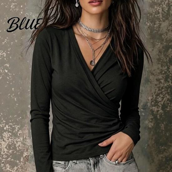 Basic Layering Shirts Cross V-Neck Long Sleeve Top for Women Slim Fit Sexy Women Blouse Pleated Shirt Fall Solid Color Casual Office Work Wear