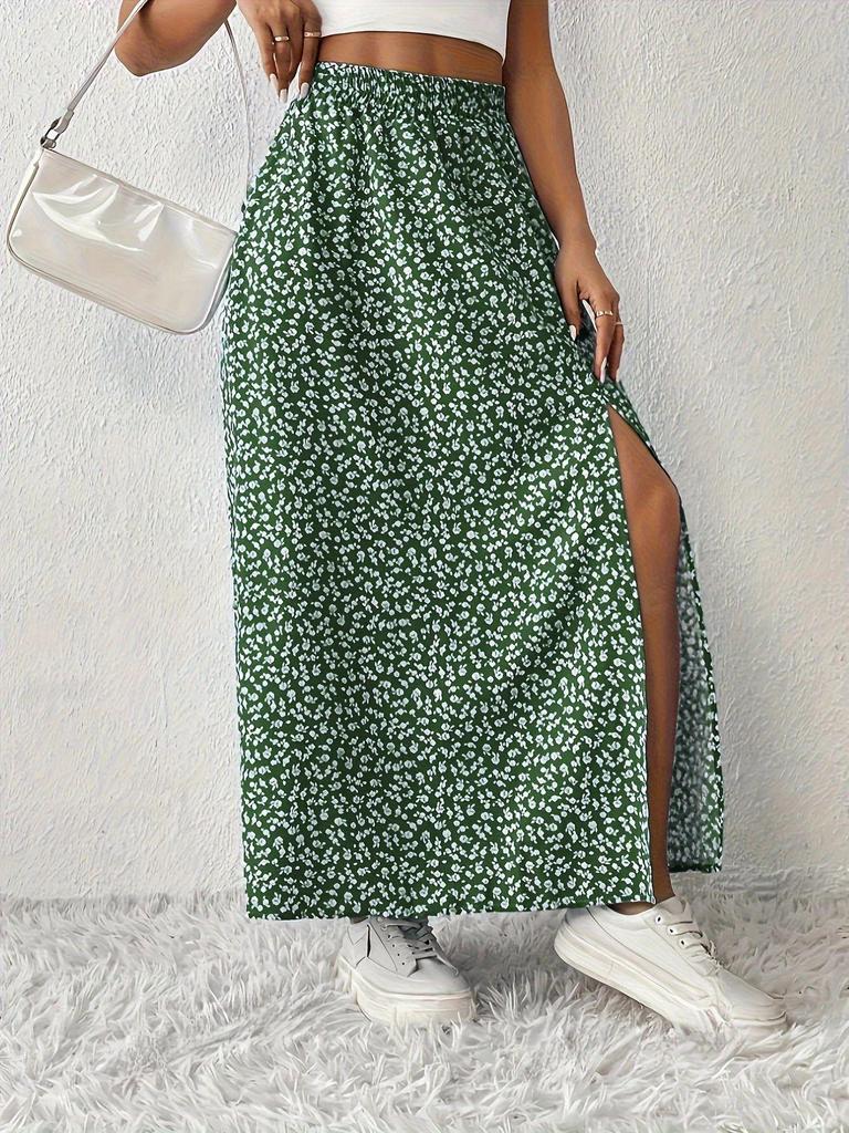 European & American Holiday Floral Print Midi Skirt with Slit