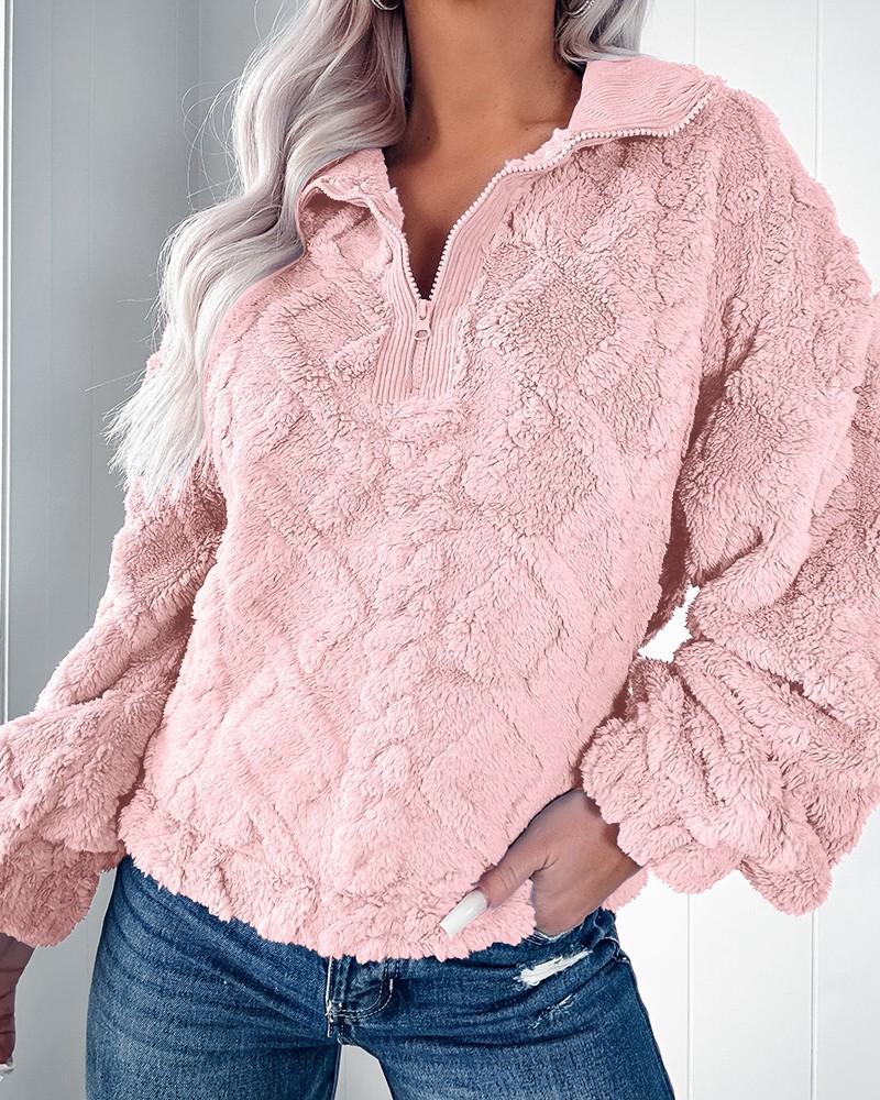 New autumn and winter simple solid color half zipper stand-up collar loose plush pullover sweater