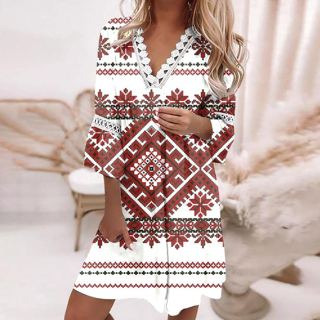 Fashion Women's V-neck Printed Lace Patchwork Bohemian Casual Resort Dress