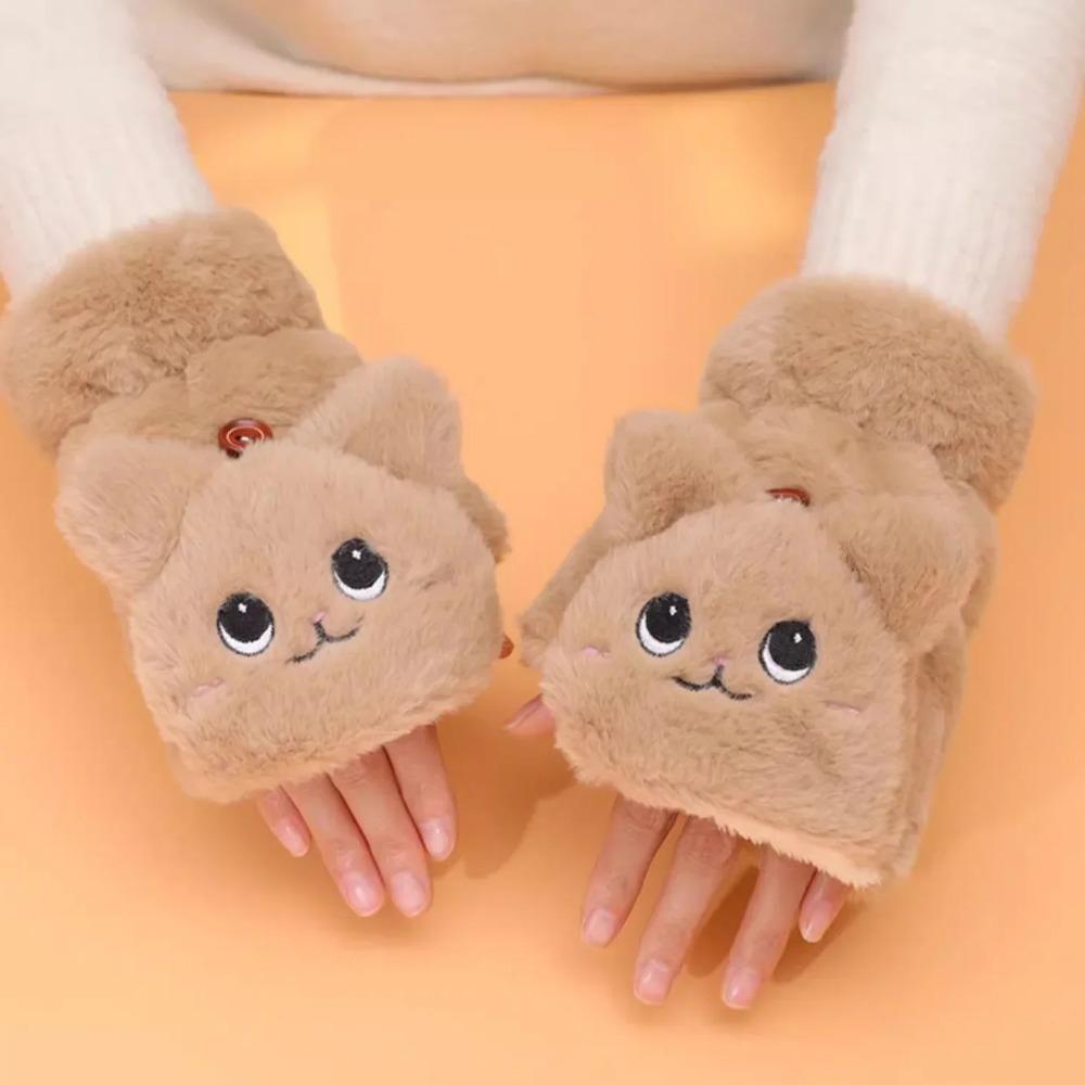 

Women s Winter Warm Plush Gloves-Fur Lovely Rabbit Cat Design,Flip Fingerless Half Finger, Soft Thick Flexible Mittens for Girls One Size хаки