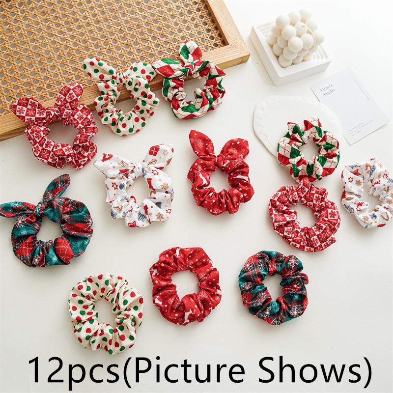 12pcs/pack Merry Christmas Pretty Print Hairbands for Women Girls Thick Ponytail Holder Hair Ties Elastic Hair Bands Accessories