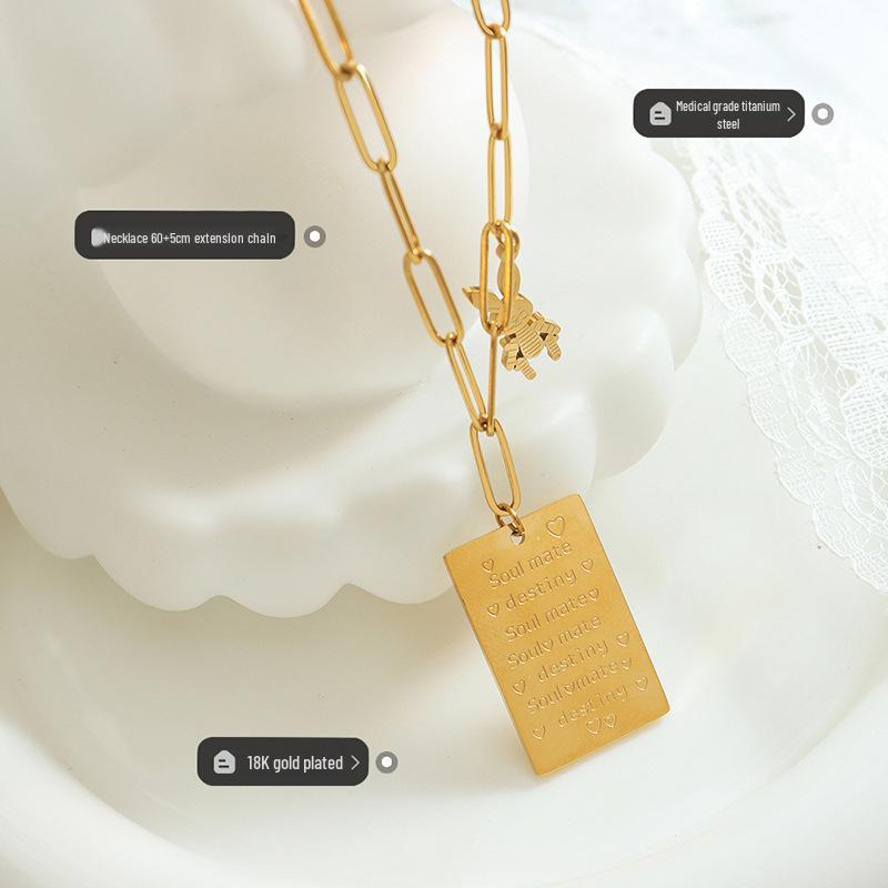 Love Letter Rabbit Pendant Necklace: Rectangle, Long Chain, Fade-Resistant Gold-Plated Titanium Steel.