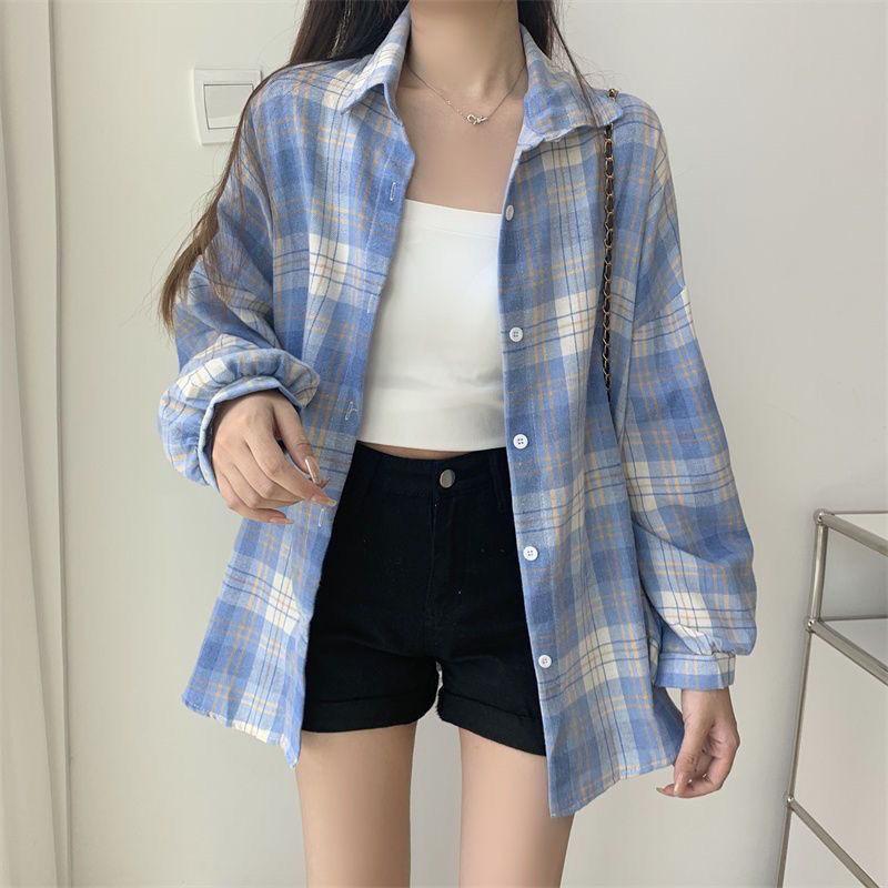 Women's Retro Hong Kong Style Plaid Shirt: New Casual Fashion, Versatile Long Sleeve Jacket Design.