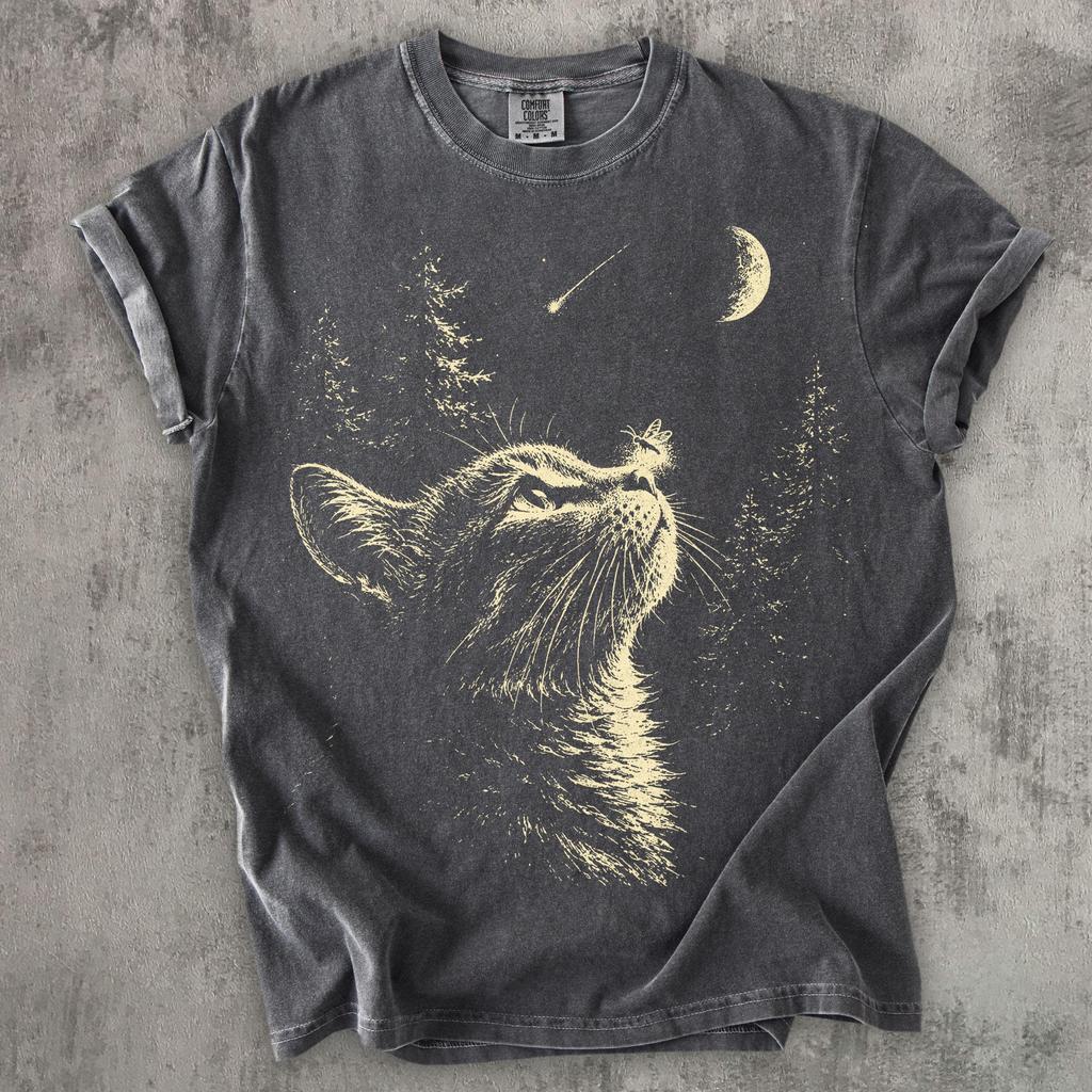 Cat and Firefly Shirt, Moonlit Cat Tee, Whimsical Cat Lover Gift, Cottagecore Cat Shirt, Night Sky Cat Graphic Tee, Comfort Colors