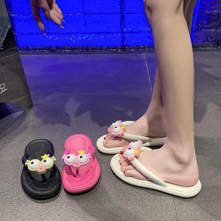 Glasses seaside beach shoes pinch feet cool slippers women's outer wear 2025 summer new models step on shit feeling thick bottom flip-flops women