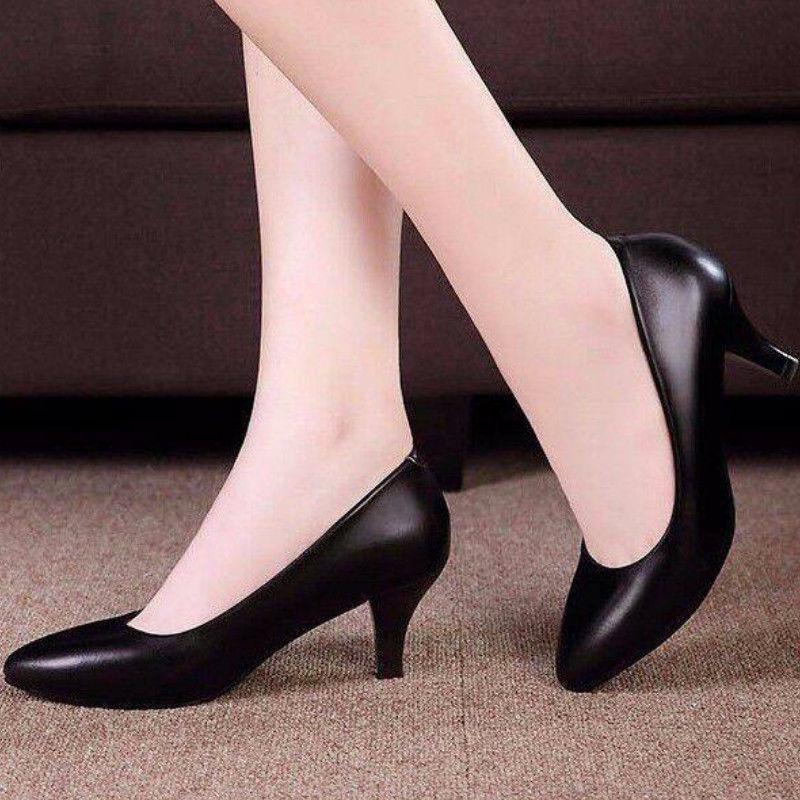 Comfortable Four-Season Leather Stiletto and Block Heel Stewardess Work Shoes for Women