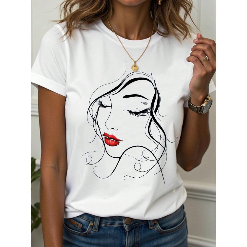 Abstract Face Gradient Color Print T-Shirts Women's Casual Short Sleeve O-Neck Tees Harajuku Y2K Tops Female Clothing
