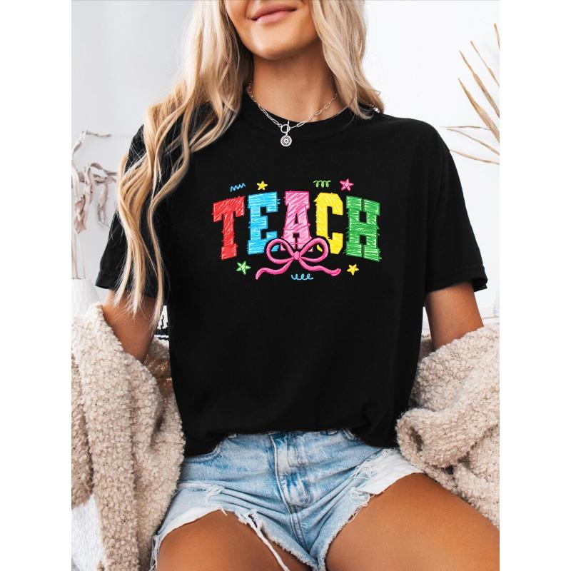 Women s Spanish Alphabet T-Shirt - Spanish Letter Print Round Neck Short Sleeve Blouse Suitable for Spring Summer Casual Wear S чёрный