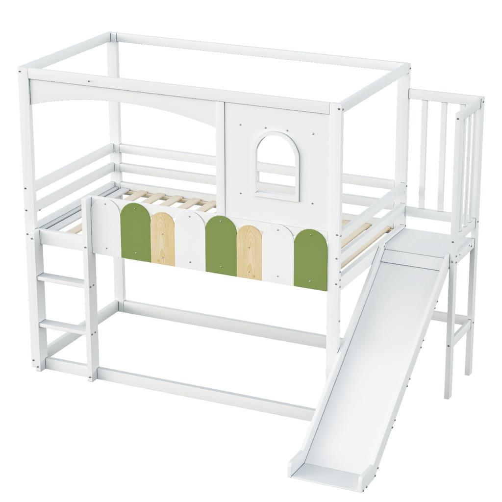 Bunk Bed Children's Bed 90*200 Cm House-Shaped Frame with Windows, Irregular Multicolor Railing Design, with Slide and Safety Ladder, Loft Bed, White