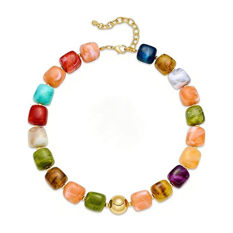 Colorful Gold Plated Chunky Necklace for Women Bohemian Acrylic Beads Trendy Bold Statement Handmade Beaded Necklace Party Gift 18inches(45.72cm)