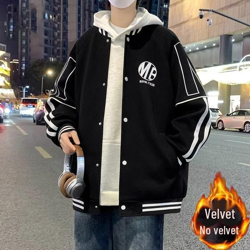 Men's Trendy Fleece-Lined Baseball Jacket - Thickened, Casual, Plus Size for Spring/Autumn