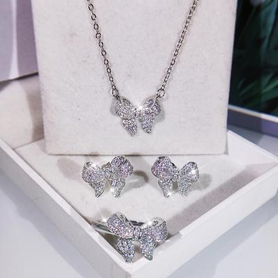Korean Style Fashion Bow Earring Necklace Ring Fashion Retro Style Three Piece Jewelry Set