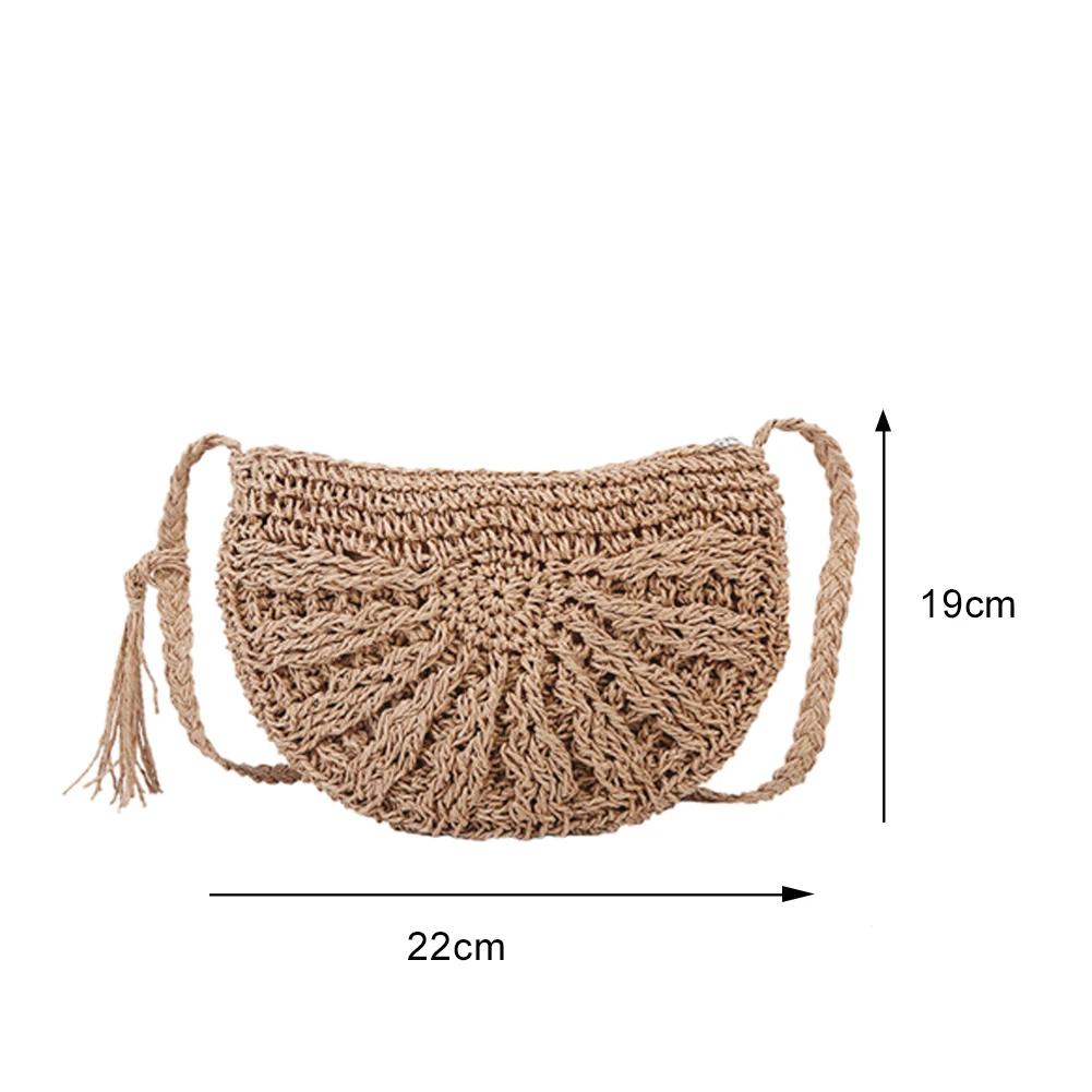 Women Handwoven Semicircle Tote Handbag Half-Moon Straw Rattan Fashion Shoulder Bag Summer Large Capacity Weaving Crossbody Bag