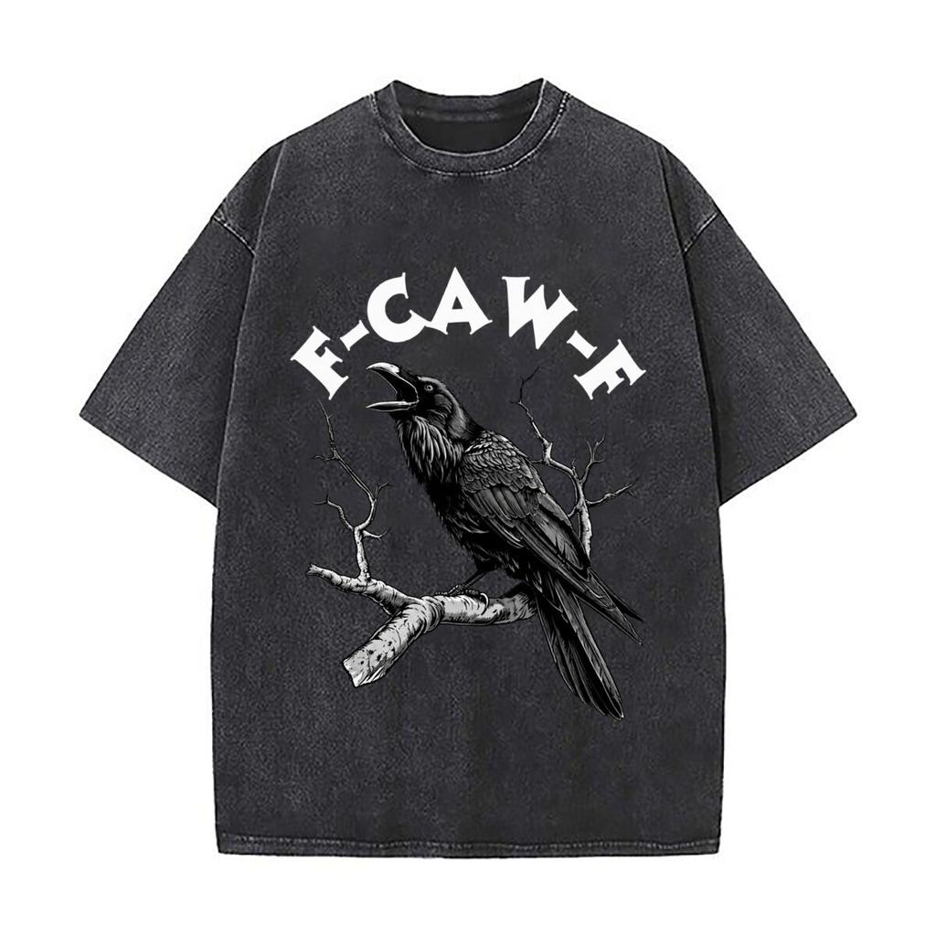 Black Crow Perched On Bare Branch Detailed Illustration Distressed Vintage Oversized Streetwear Tops for Coffee Dates