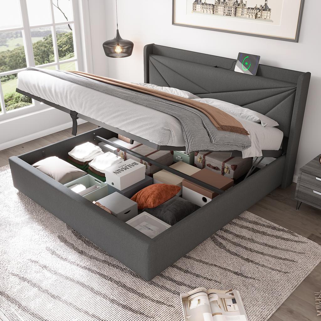 (=821415AAG)Upholstered Double Bed, Storage Box with USB Type C Charging Headboard, Linen Frame, Youth 180x200 with Slatted Frame (without Mattress)