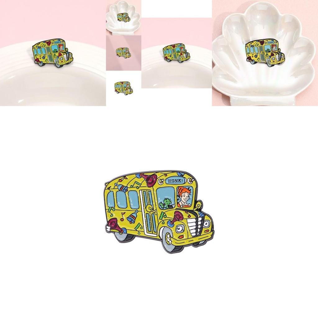 Charming Cartoon Character Brooch In Metal With Colorful Bus Design And Red Haired Girl Theme