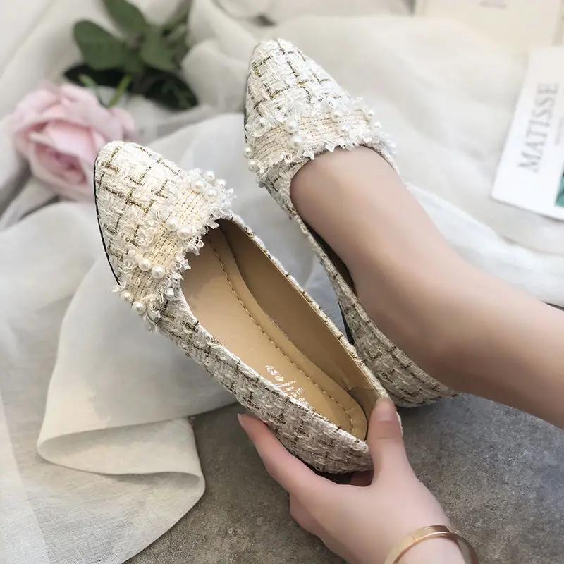 Fashion Women's Flat Shoes Pointed Toe Pearl With Heel Office 39 Luxury Brand Young Non Slip Discount Elegant Dress On Ladies Footwear