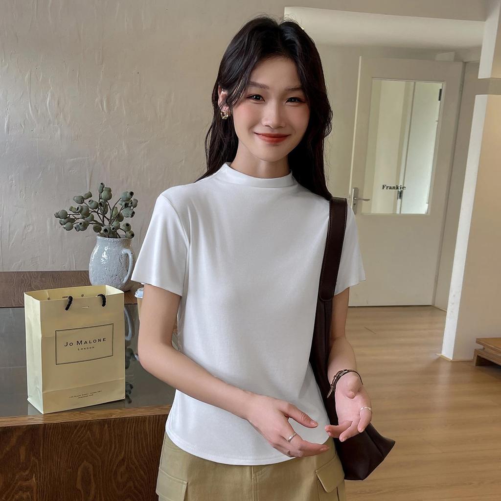 YB536# Women's Minimalist Half High Neck Slimming Solid Color Short Sleeve Shirt